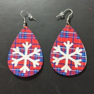 Blue Red White Snowflake Faux Leather Teardrop Lightweight Statement Earrings